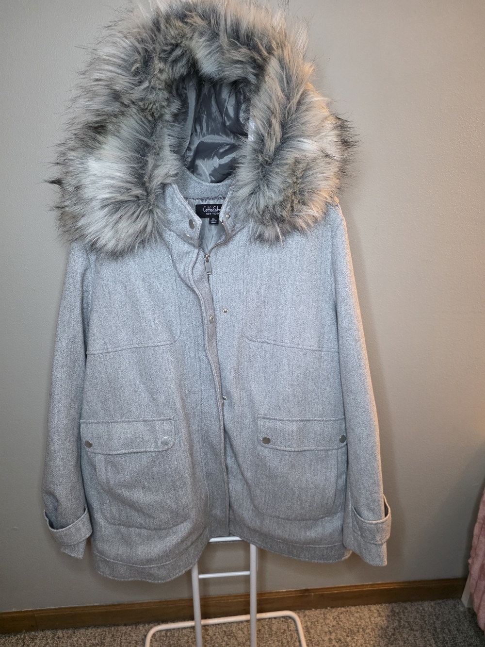 CoffeeShop Light Gray Faux Fur-Trim Hooded Pea Coat